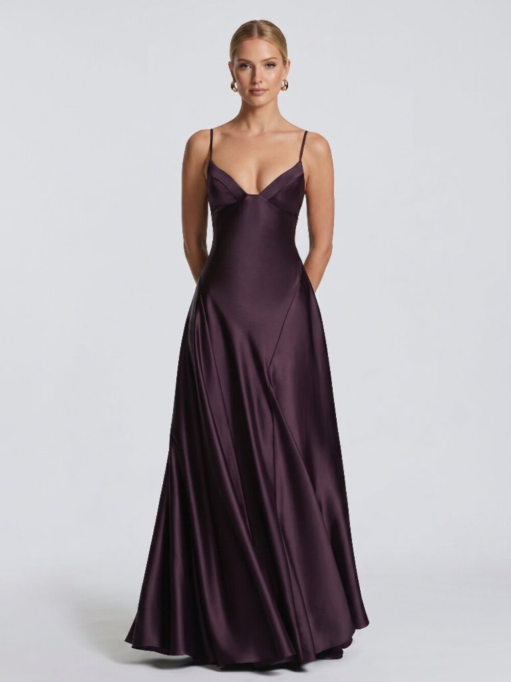 Women's Bold Plum Satin Maxi Dress Spaghetti Strap Wedding Guest Formal Gown